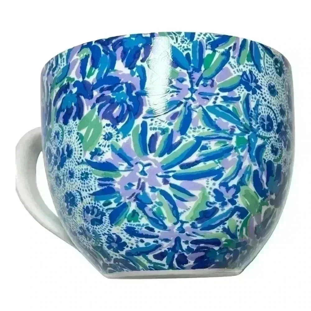 Lilly Pulitzer Ceramic 12oz Preowned Mug Blue,Green and Purple  Bronze Handle